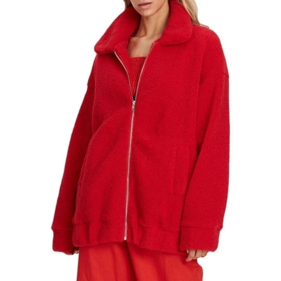 NWT CHARLIE HOLIDAY Somerset Oversize Faux Fur Teddy Jacket Red XS - Picture 1 of 5